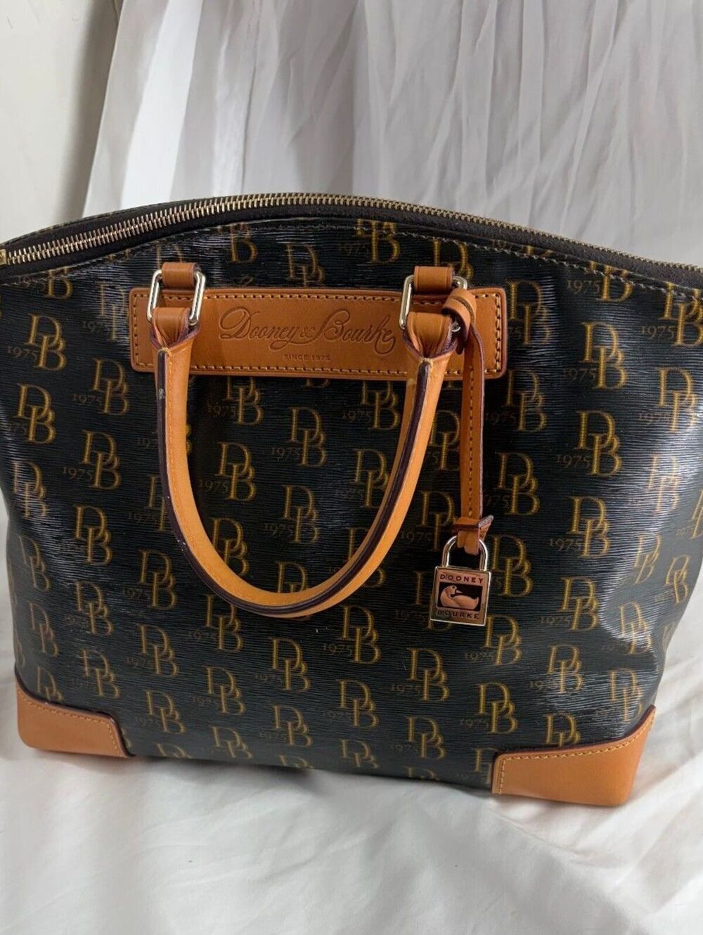 Dooney & Bourke 1975 Signature Janine Satchel Black Brown DB Monogram Duck Charm